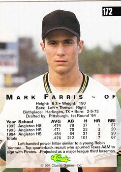 1994 Classic Four Sport - Gold #172 Mark Farris Back