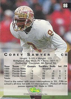 1994 Classic Four Sport - Printer's Proofs #86 Corey Sawyer Back