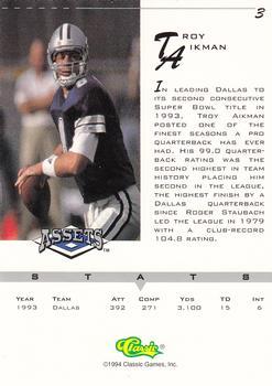 1994-95 Classic Assets - Silver Signature #3 Troy Aikman Back