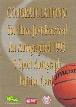 1995 Classic Five Sport - Autographs Numbered #NNO Cory Alexander Back