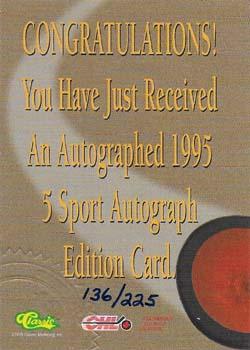 1995 Classic Five Sport - Autographs Numbered #NNO Nolan Baumgartner Back