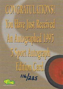 1995 Classic Five Sport - Autographs Numbered #NNO Radek Dvorak Back