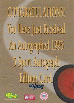1995 Classic Five Sport - Autographs Numbered #NNO Kaj Linna Back