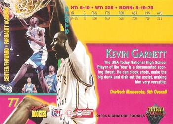 1995 Signature Rookies Tetrad Autobilia #77 Kevin Garnett Back