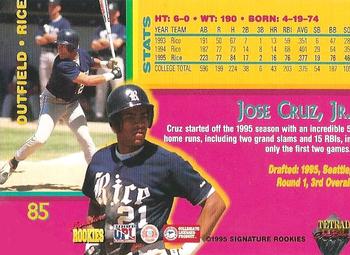 1995 Signature Rookies Tetrad Autobilia #85 Jose Cruz, Jr. Back