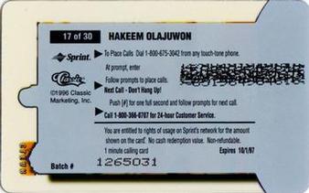1996 Classic Clear Assets - Phone Cards $1 #17 Hakeem Olajuwon Back