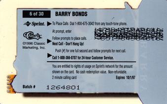 1996 Classic Clear Assets - Phone Cards $2 #6 Barry Bonds Back