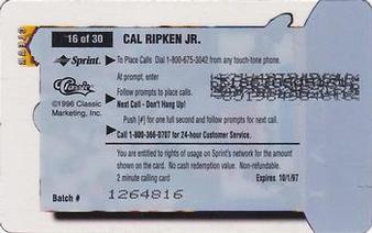 1996 Classic Clear Assets - Phone Cards $2 #16 Cal Ripken Jr. Back