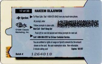 1996 Classic Clear Assets - Phone Cards $2 #17 Hakeem Olajuwon Back