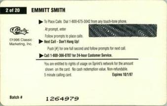 1996 Classic Clear Assets - Phone Cards $5 #2 Emmitt Smith Back