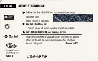 1996 Classic Clear Assets - Phone Cards $5 #3 Jerry Stackhouse Back