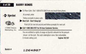 1996 Classic Clear Assets - Phone Cards $5 #5 Barry Bonds Back