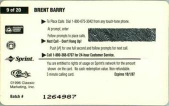 1996 Classic Clear Assets - Phone Cards $5 #9 Brent Barry Back