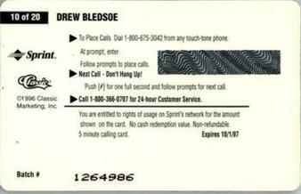 1996 Classic Clear Assets - Phone Cards $5 #10 Drew Bledsoe Back