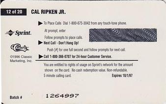 1996 Classic Clear Assets - Phone Cards $5 #12 Cal Ripken Jr. Back