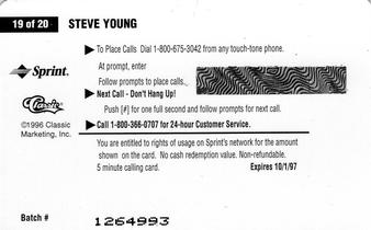 1996 Classic Clear Assets - Phone Cards $5 #19 Steve Young Back