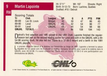 1991 Classic Four Sport - French #9 Martin Lapointe Back