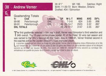 1991 Classic Four Sport - French #30 Andrew Verner Back