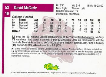 1991 Classic Four Sport - French #53 David McCarty Back
