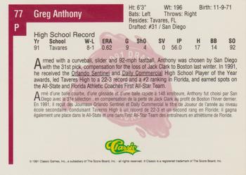 1991 Classic Four Sport - French #77 Greg Anthony Back