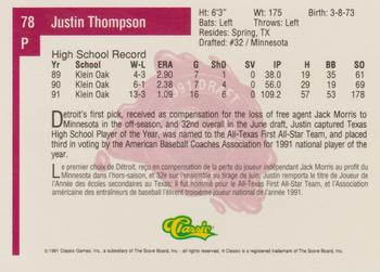 1991 Classic Four Sport - French #78 Justin Thompson Back
