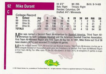 1991 Classic Four Sport - French #92 Mike Durant Back