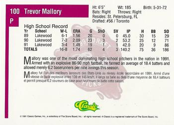 1991 Classic Four Sport - French #100 Trevor Mallory Back