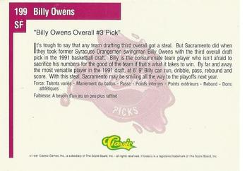 1991 Classic Four Sport - French #199 Billy Owens Back