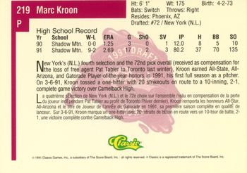 1991 Classic Four Sport - French #219 Marc Kroon Back