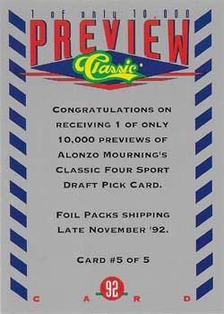 1992 Classic Four Sport - Previews #5 Alonzo Mourning Back