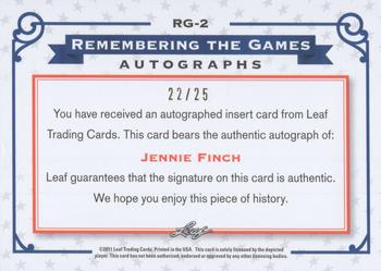 2011 Leaf Legends of Sport - Remembering the Games Autographs Bronze #RG2 Jennie Finch Back