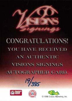 1996 Classic Visions Signings - Autographs Silver #NNO Junior Burrough Back