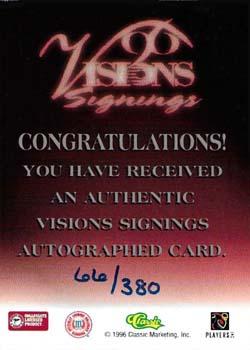 1996 Classic Visions Signings - Autographs Silver #NNO Jimmy Herndon Back