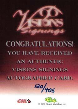 1996 Classic Visions Signings - Autographs Silver #NNO Ed Jovanovski Back