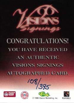 1996 Classic Visions Signings - Autographs Silver #NNO Brian Roche Back
