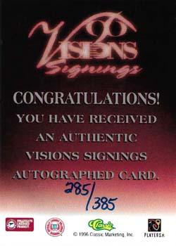 1996 Classic Visions Signings - Autographs Silver #NNO Scott Slutzker Back