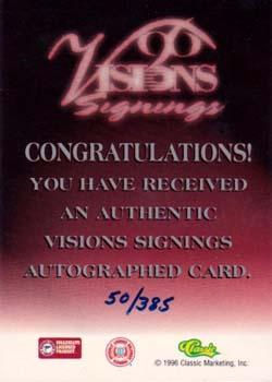 1996 Classic Visions Signings - Autographs Silver #NNO Bob Sura Back