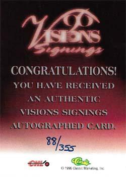 1996 Classic Visions Signings - Autographs Silver #NNO Jason Sweitzer Back