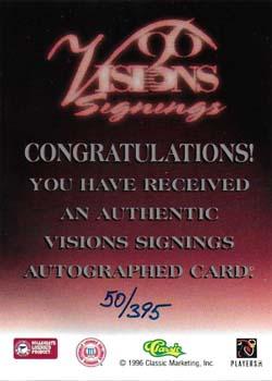 1996 Classic Visions Signings - Autographs Silver #NNO Dusty Zeigler Back