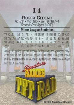 1994 Signature Rookies Tetrad - Previews I-Prefix, Black Letters #I4 Roger Cedeno Back