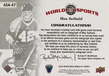 2010 Upper Deck World of Sports - All-Sport Apparel Memorabilia Autographs #ASA-47 Max Seibald Back