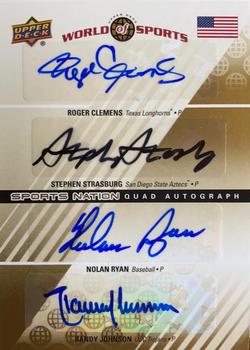 2010 Upper Deck World of Sports - Sports Nation Autographs Quad #SNQ-JCRS Stephen Strasburg / Randy Johnson / Roger Clemens / Nolan Ryan Front