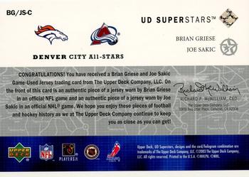 2002-03 UD SuperStars - City All-Stars Dual Jersey #BG/JS-C Brian Griese / Joe Sakic Back