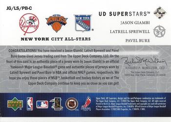 2002-03 UD SuperStars - City All-Stars Triple Jersey #JG/LS/PB-C Jason Giambi / Pavel Bure / Latrell Sprewell Back