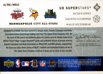 2002-03 UD SuperStars - City All-Stars Triple Jersey #JJ/DC/WS-C Jacque Jones / Daunte Culpepper / Wally Szcerbiak Back