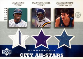 2002-03 UD SuperStars - City All-Stars Triple Jersey #JJ/DC/WS-C Jacque Jones / Daunte Culpepper / Wally Szcerbiak Front