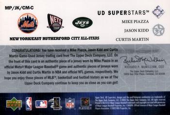 2002-03 UD SuperStars - City All-Stars Triple Jersey #MP/JK/CM-C Mike Piazza / Jason Kidd / Curtis Martin Back