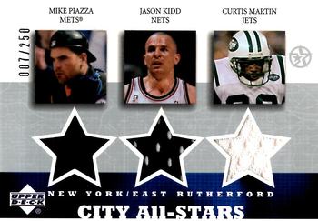 2002-03 UD SuperStars - City All-Stars Triple Jersey #MP/JK/CM-C Mike Piazza / Jason Kidd / Curtis Martin Front