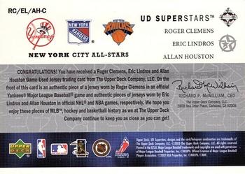 2002-03 UD SuperStars - City All-Stars Triple Jersey #RC/EL/AH-C Roger Clemens / Eric Lindros / Allan Houston Back