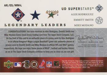 2002-03 UD SuperStars - Legendary Leaders Triple Jersey #AR/ES/MM-L Alex Rodriguez / Emmitt Smith / Mike Modano Back